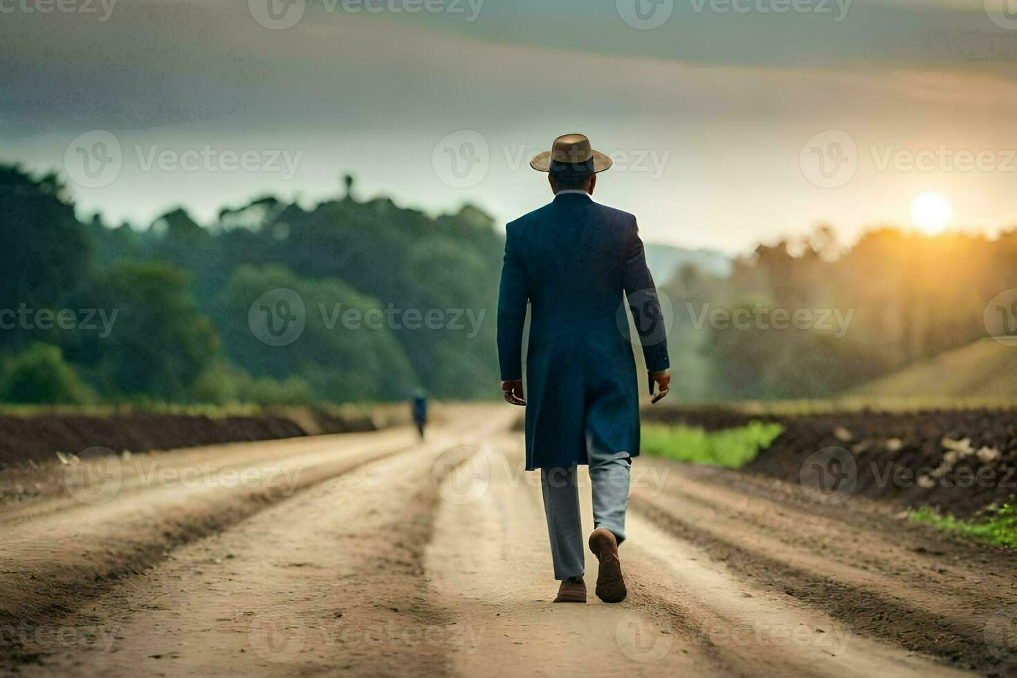 a man in a suit and hat walking down a dirt road. AI-Generated photo