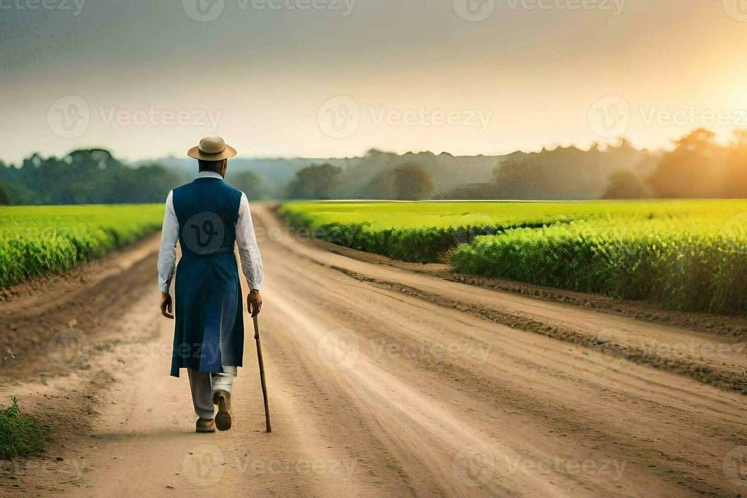 a man walking down a dirt road with a cane. AI-Generated photo