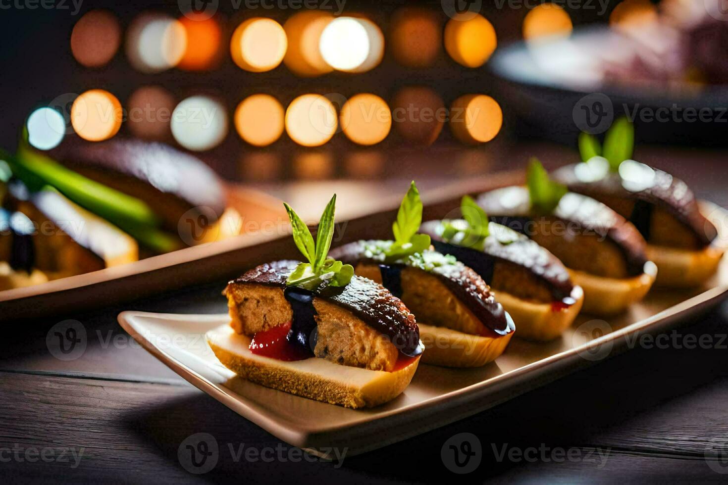 small plates with food on them on a table. AI-Generated photo