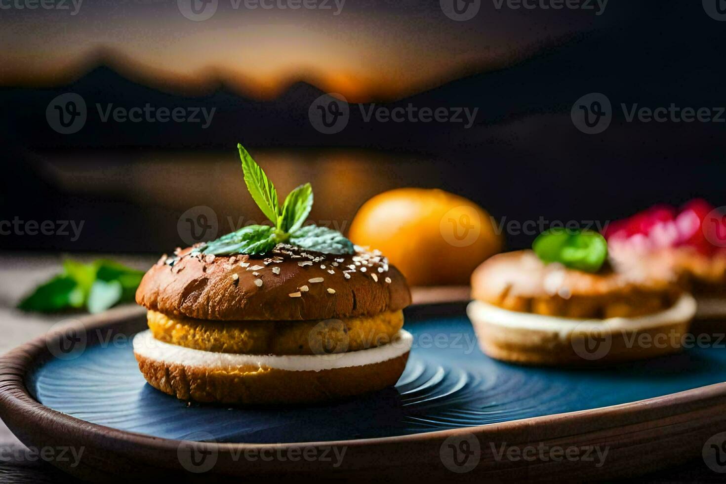two sandwiches on a plate with a mountain in the background. AI-Generated photo
