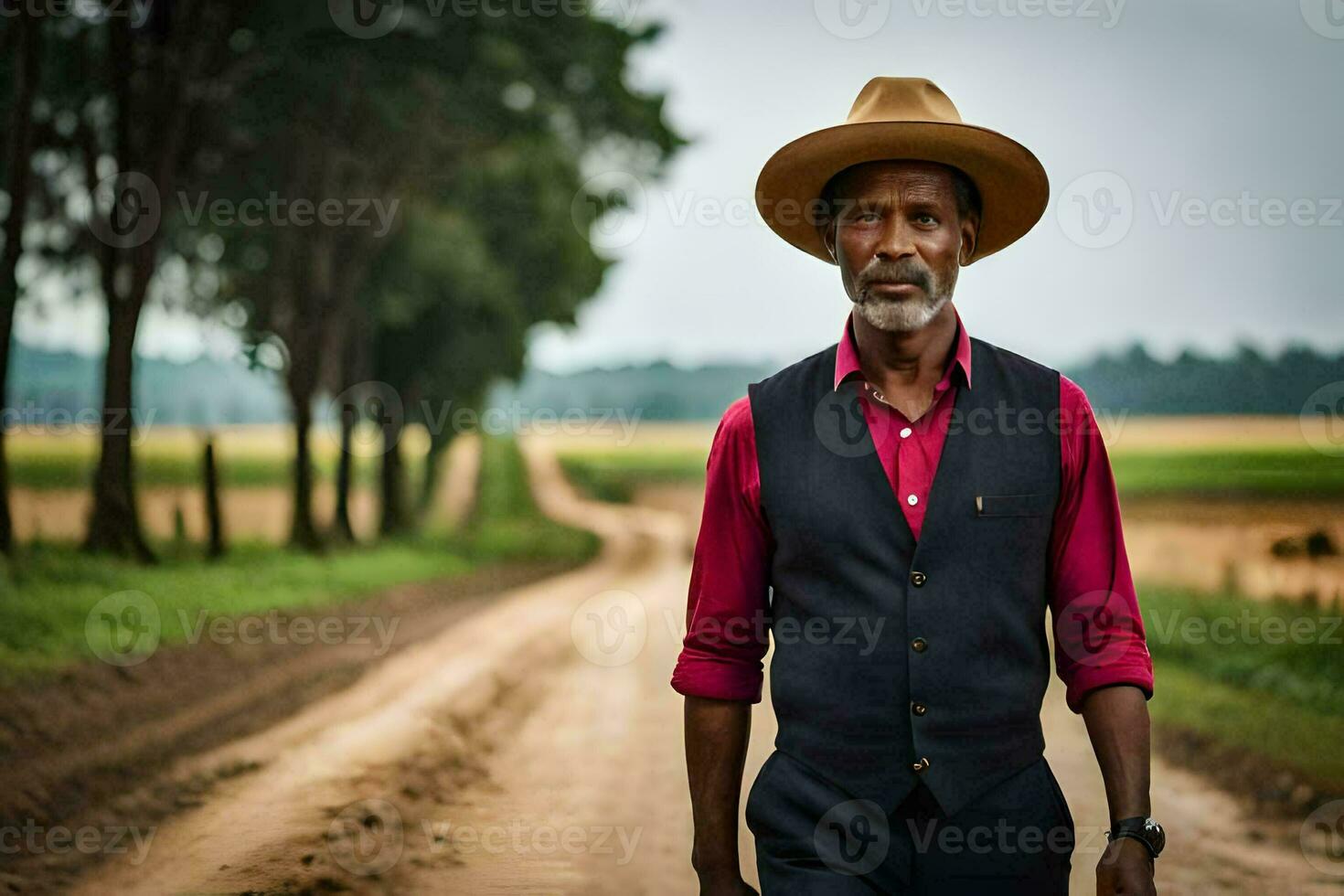 an african man wearing a hat and vest walking down a dirt road. AI-Generated photo