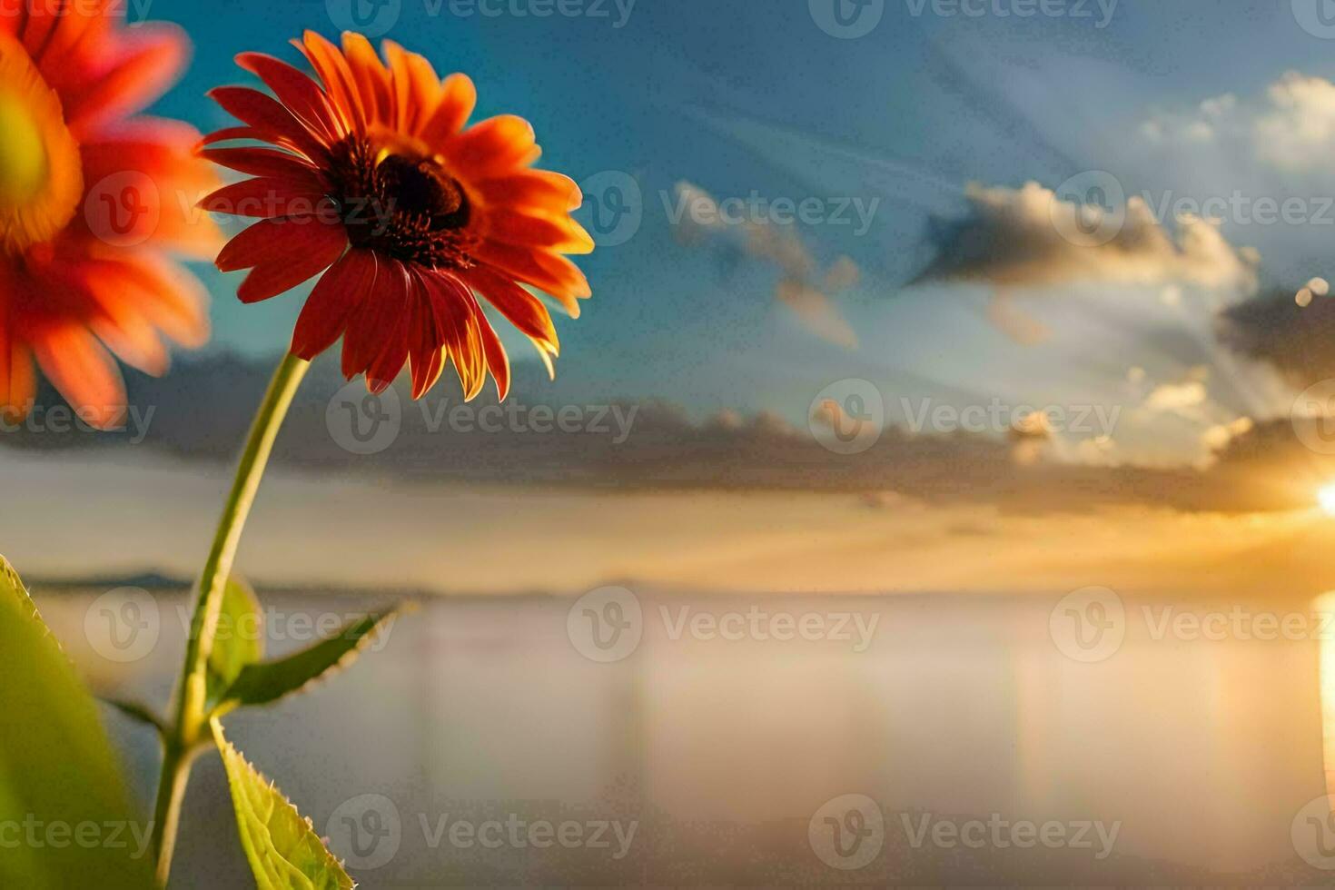 two red flowers are in front of the sun. AI-Generated photo