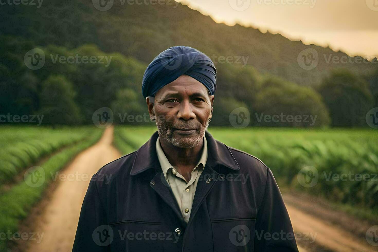 an african man in a turban stands in a field. AI-Generated photo