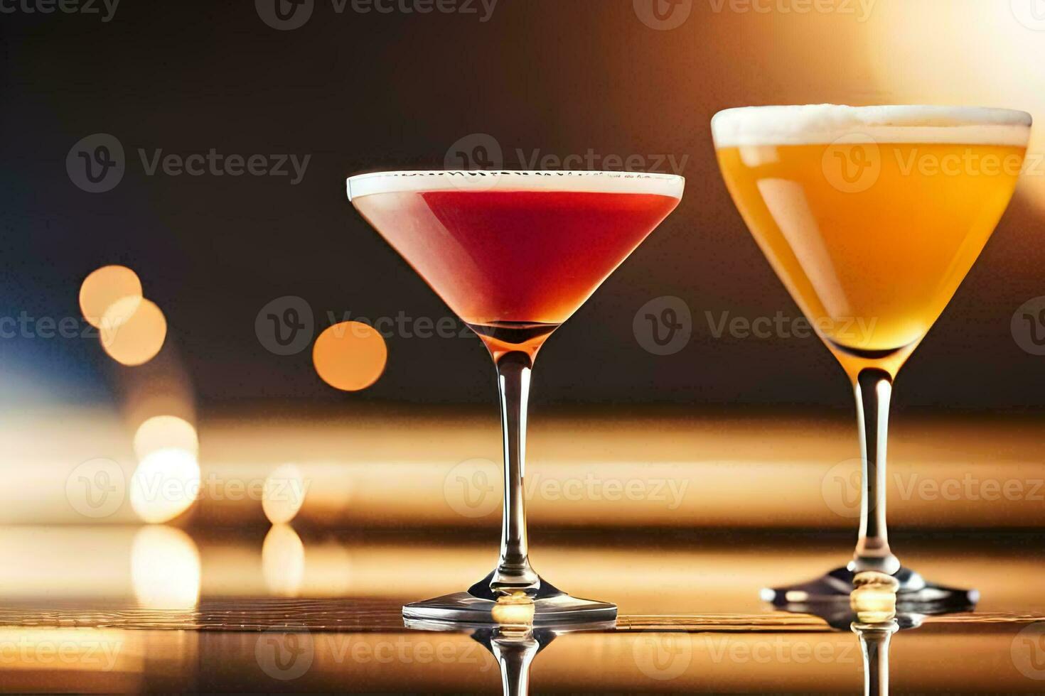 two different cocktails are shown on a table. AI-Generated photo