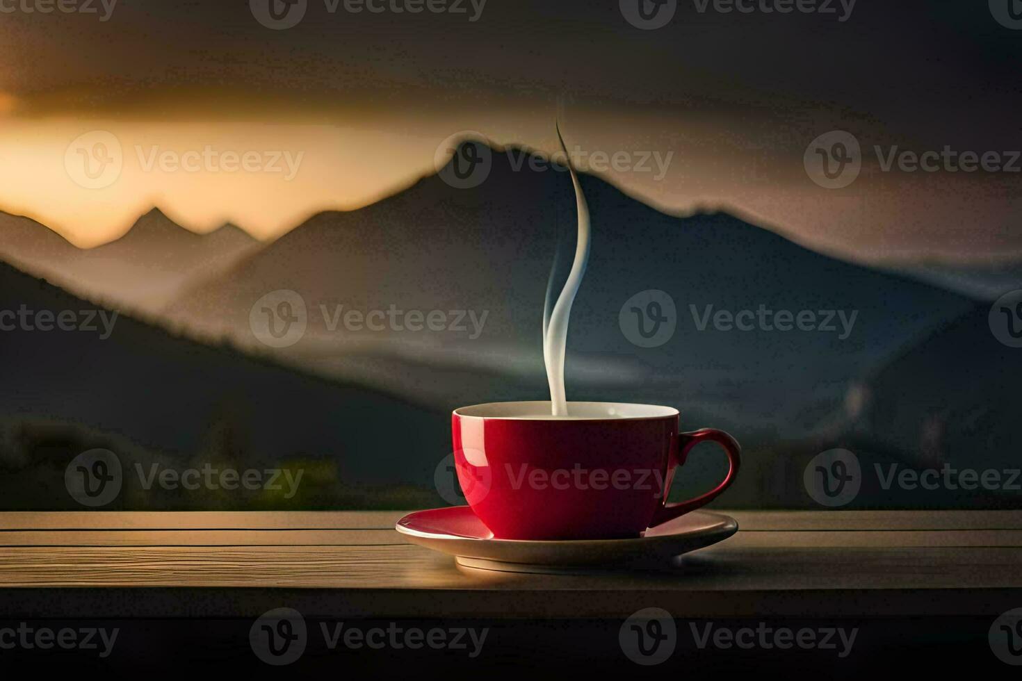 a cup of coffee on a wooden table in front of a mountain view. AI-Generated photo