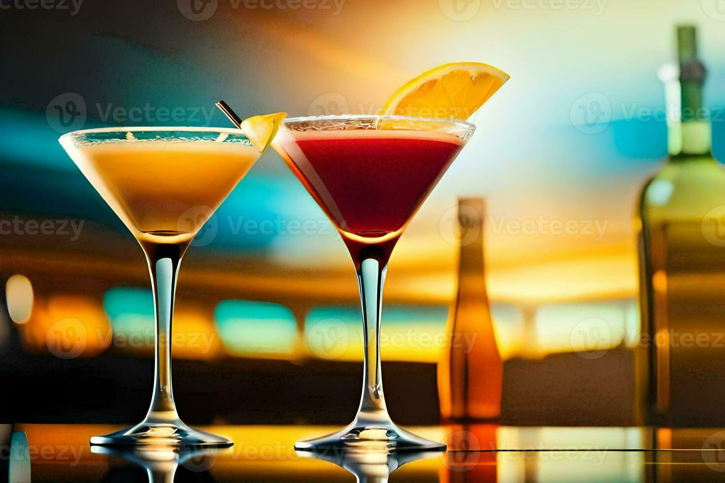 two cocktails sit on a bar counter. AI-Generated photo