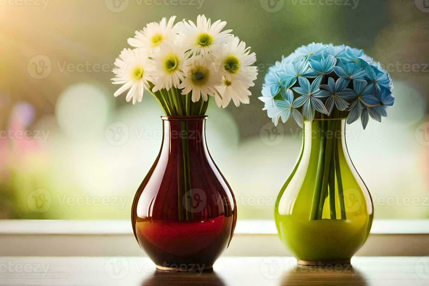 two vases with flowers sitting on a table. AI-Generated photo