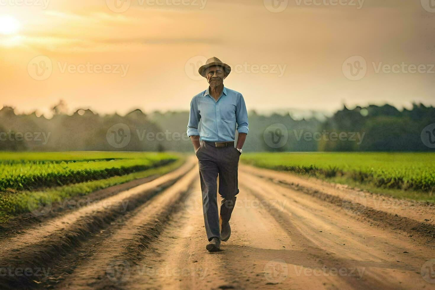 a man in a hat walks down a dirt road. AI-Generated photo