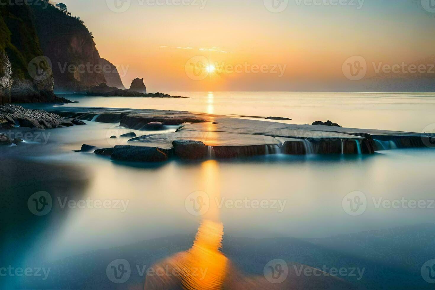 the sun sets over the ocean in this photo. AI-Generated photo