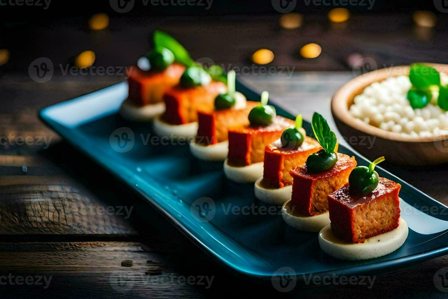 a plate with food on it and a bowl of rice. AI-Generated photo