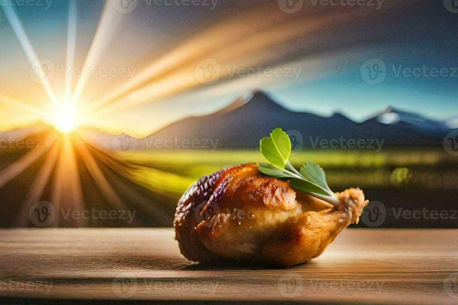 the sun is shining on a chicken on a wooden table. AI-Generated photo
