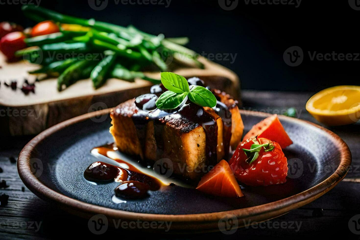 a piece of cake with berries and green beans on a plate. AI-Generated photo