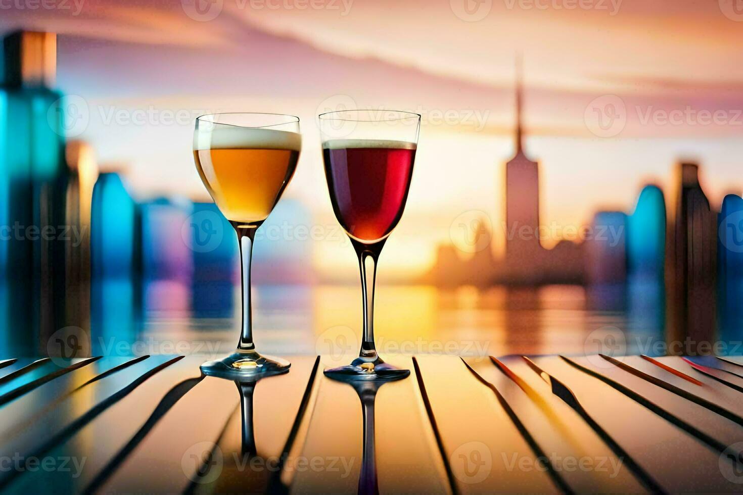 two glasses of wine on a table with city skyline in the background. AI-Generated photo