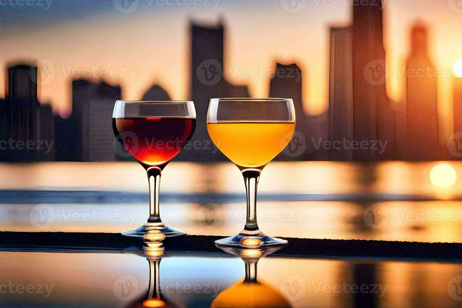 two glasses of wine with the city skyline in the background. AI-Generated photo