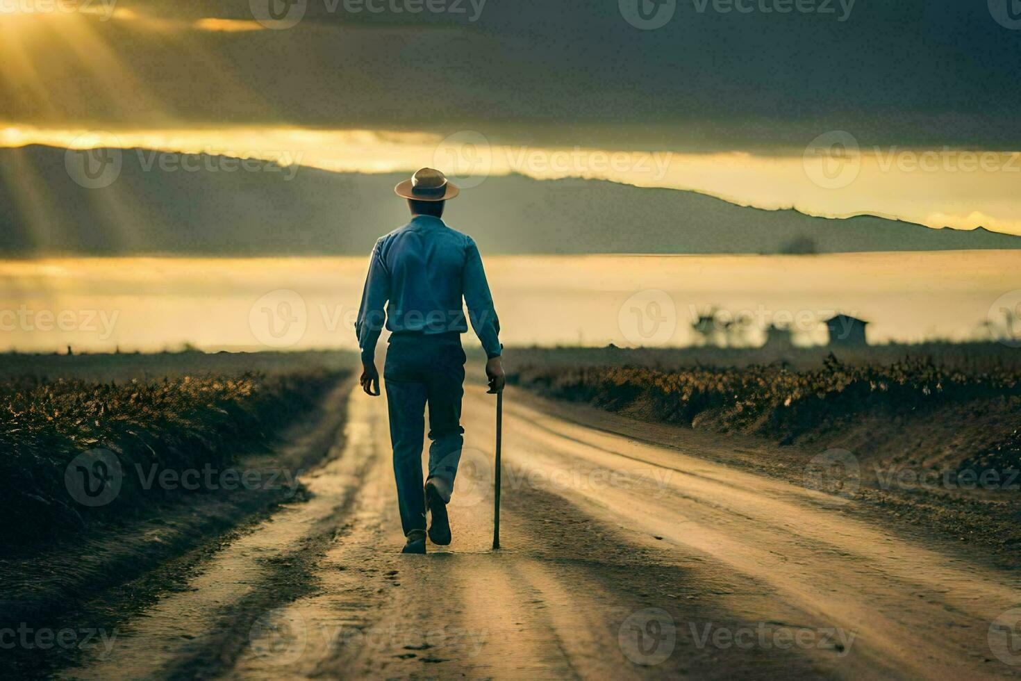 a man walking down a dirt road with a cane. AI-Generated photo