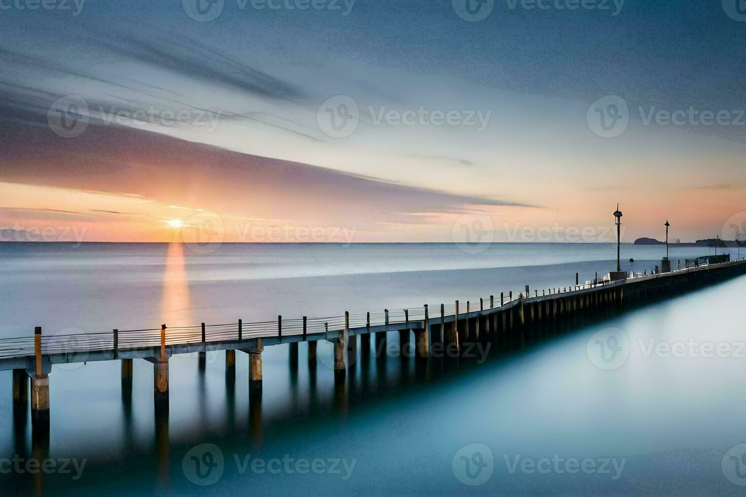 a long exposure photograph of a pier at sunset. AI-Generated photo