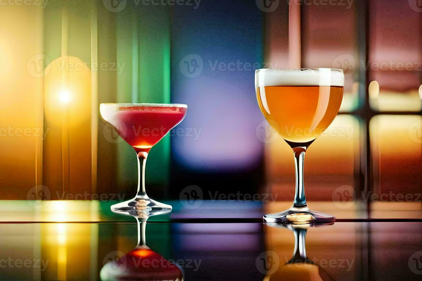 two glasses of alcohol are shown on a table. AI-Generated photo