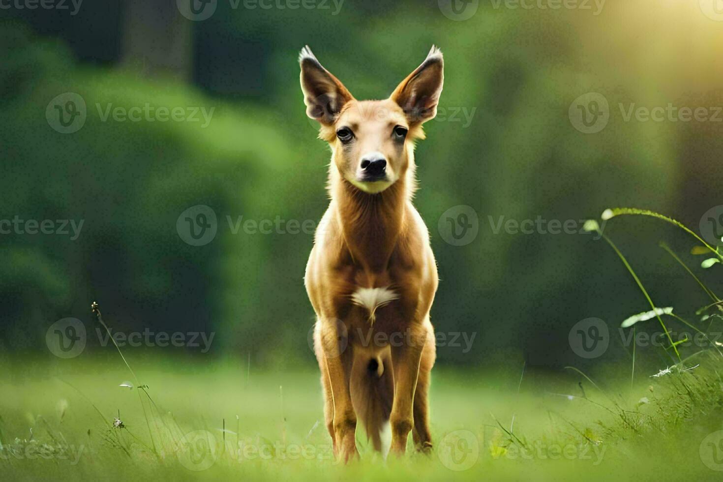 a brown dog standing in the grass. AI-Generated photo