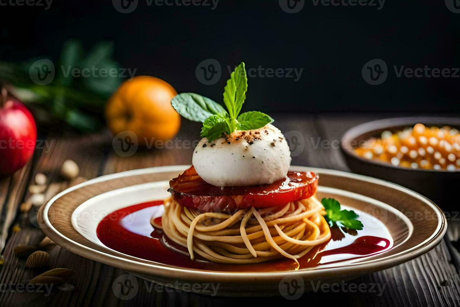 spaghetti with tomato sauce and mozzarella on a plate. AI-Generated photo