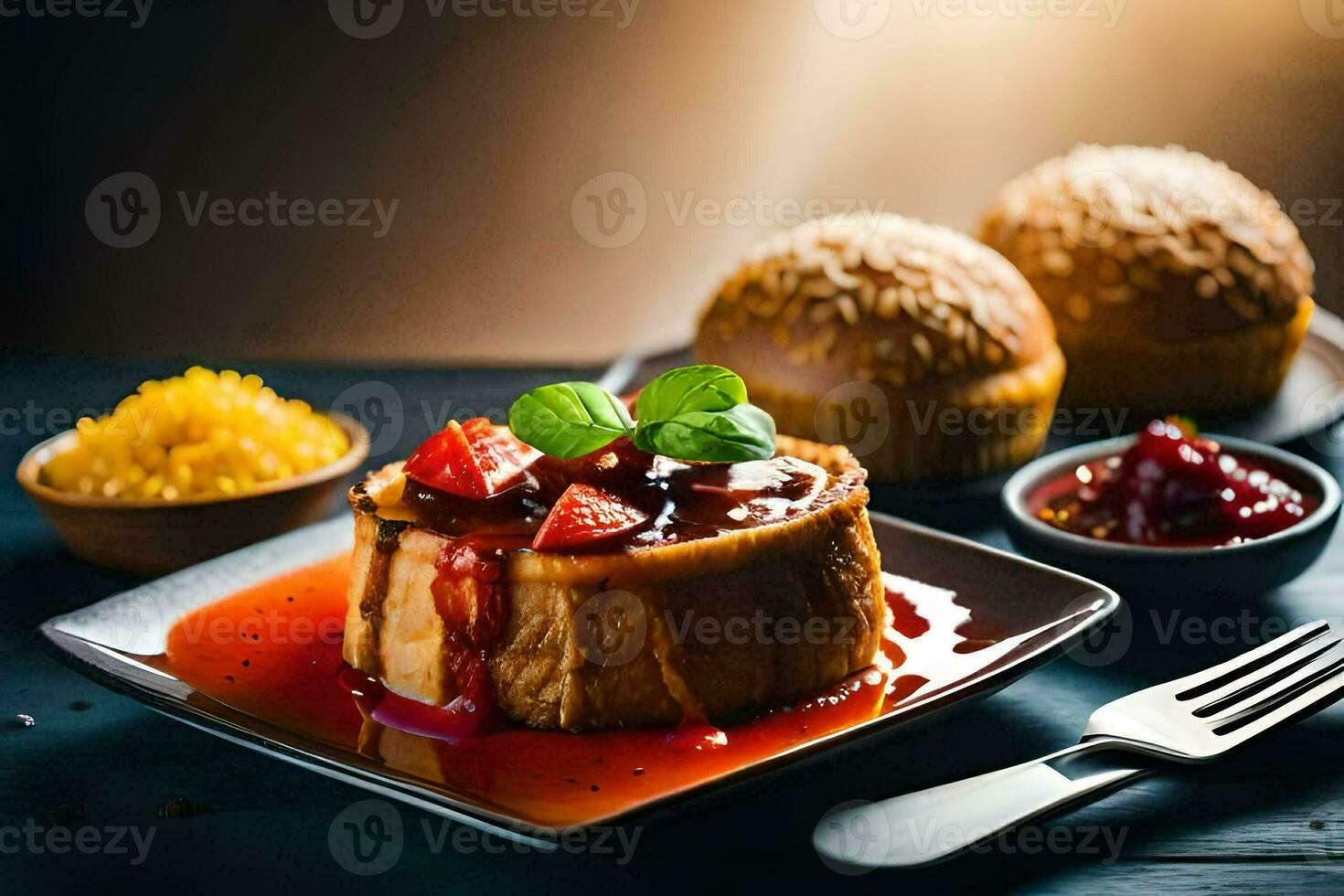 a dessert with strawberries and sauce on a plate. AI-Generated photo