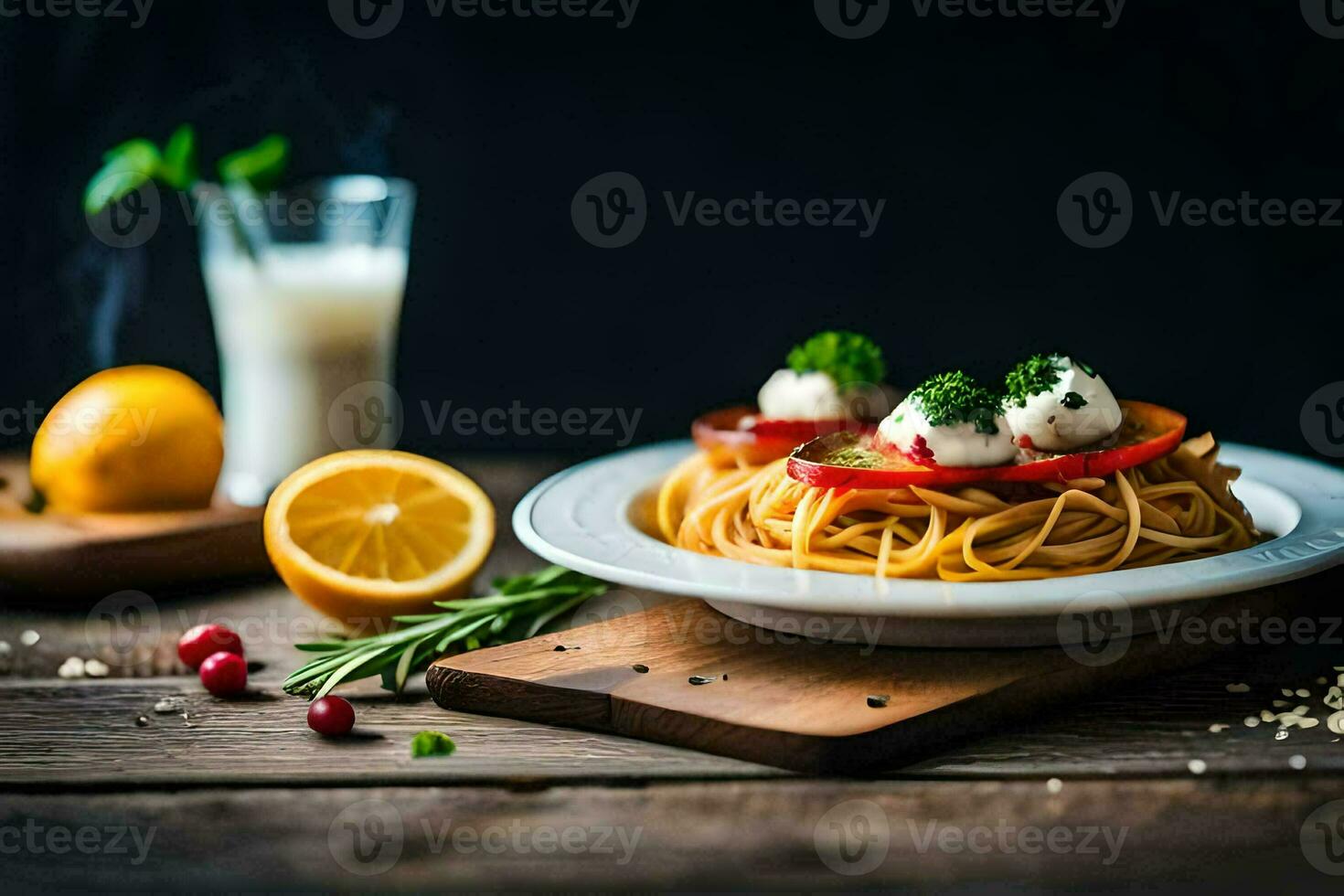 spaghetti with tomatoes and cheese on a plate. AI-Generated photo