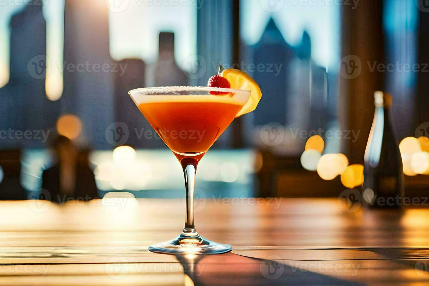 a cocktail sitting on a table in front of a city skyline. AI-Generated photo