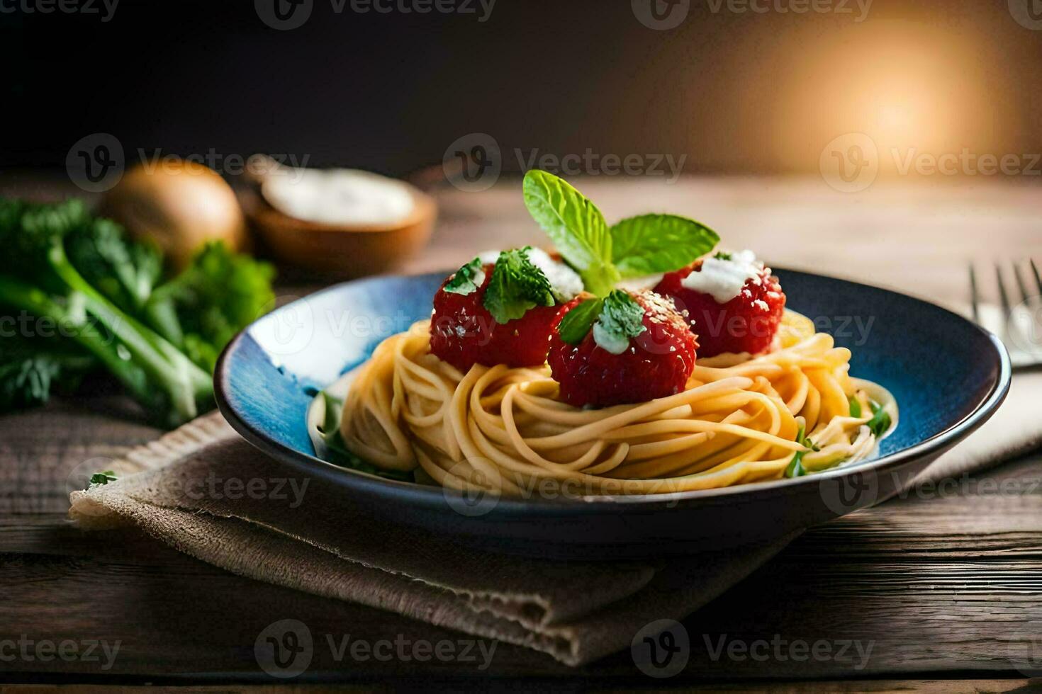 spaghetti with tomatoes and basil on a wooden table. AI-Generated photo