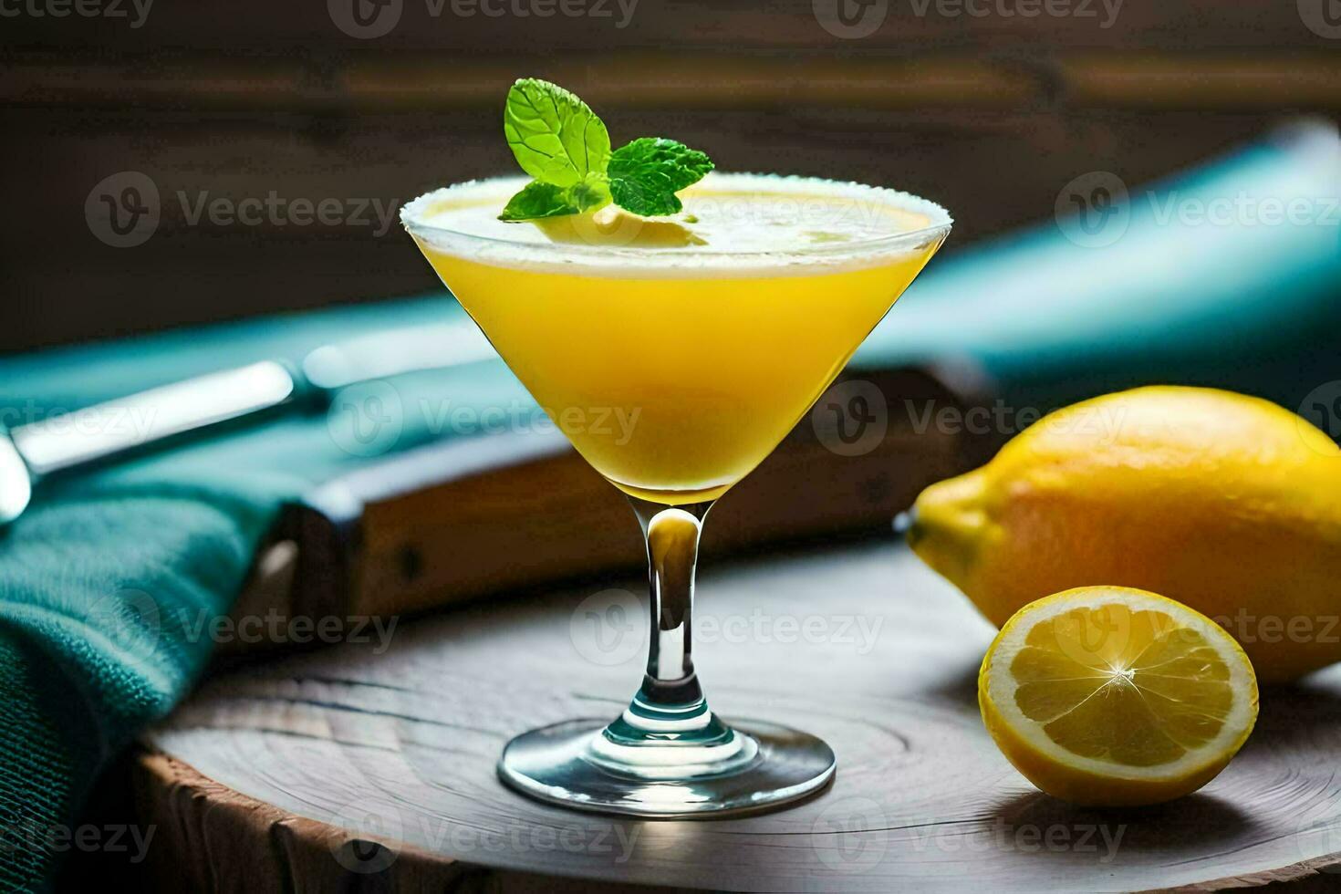 a cocktail with lemon and mint on a wooden table. AI-Generated photo