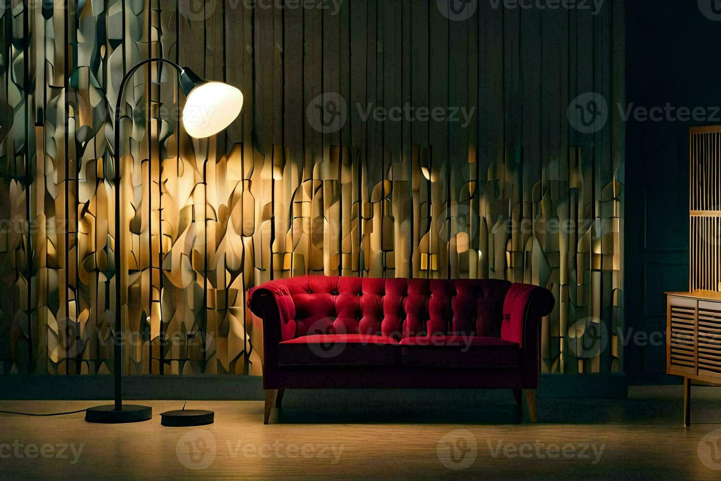 a red couch and lamp in a room with wooden walls. AI-Generated photo