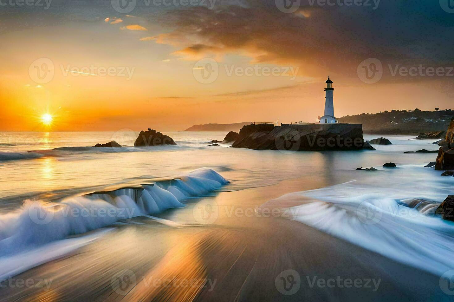 a lighthouse stands on the shore of a beach at sunset. AI-Generated photo