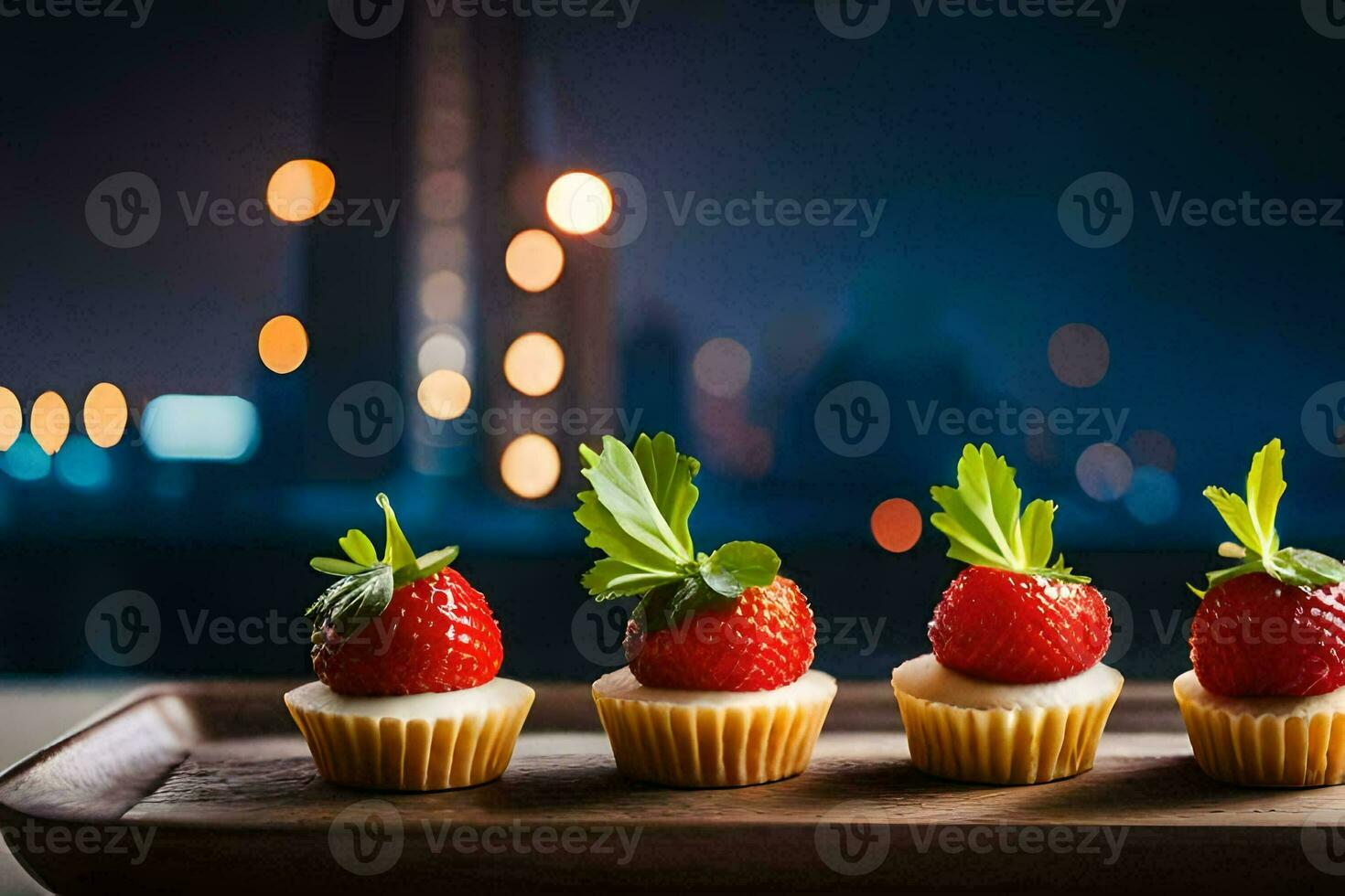 four mini cupcakes with strawberries on a wooden tray. AI-Generated photo