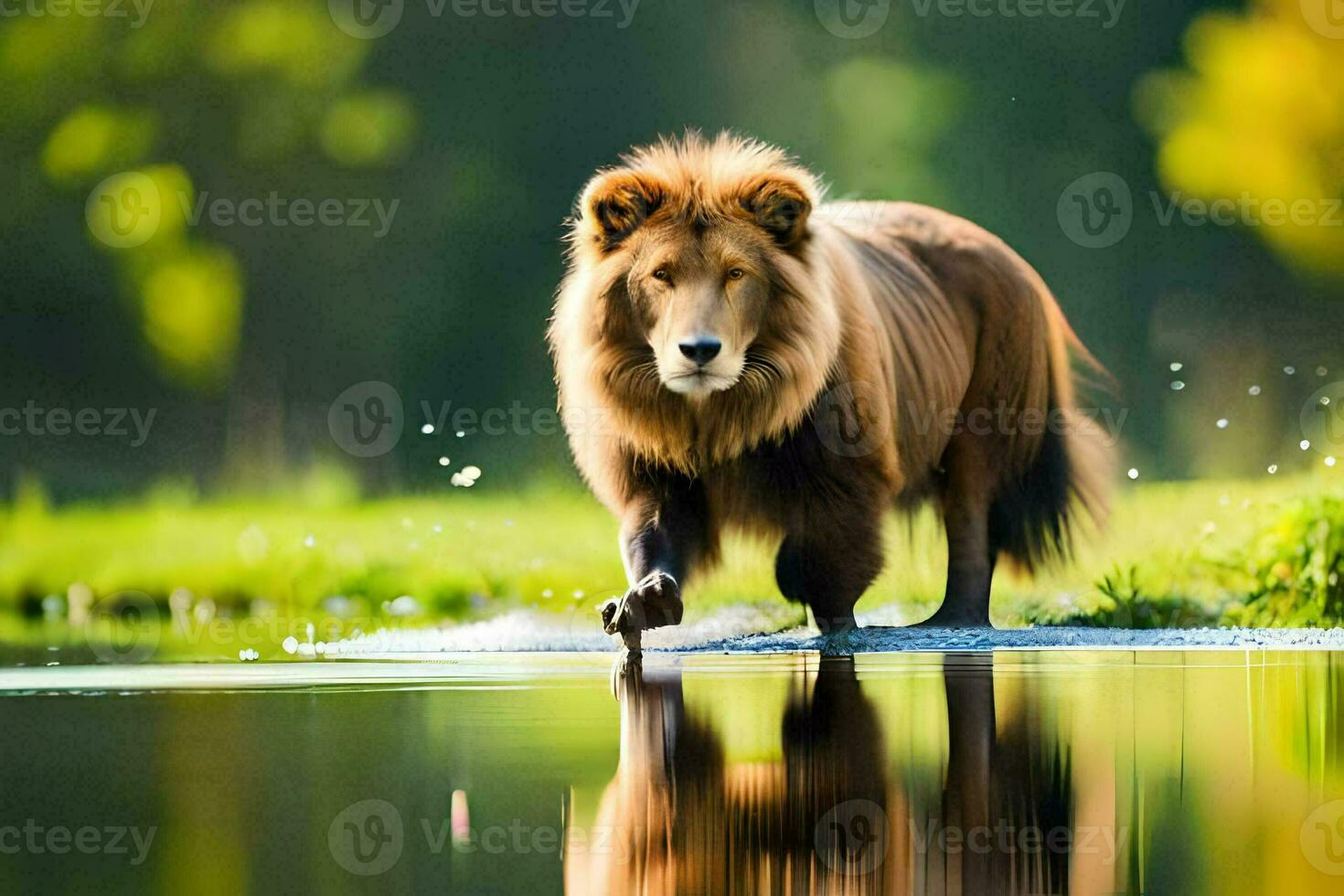 a lion walking across a pond in the grass. AI-Generated photo