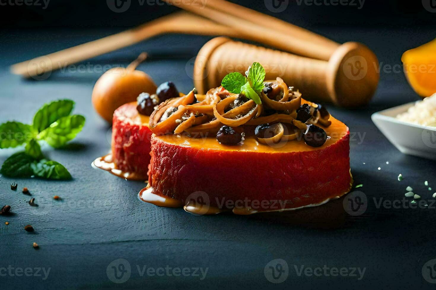 a piece of meat with a sauce and spices. AI-Generated photo