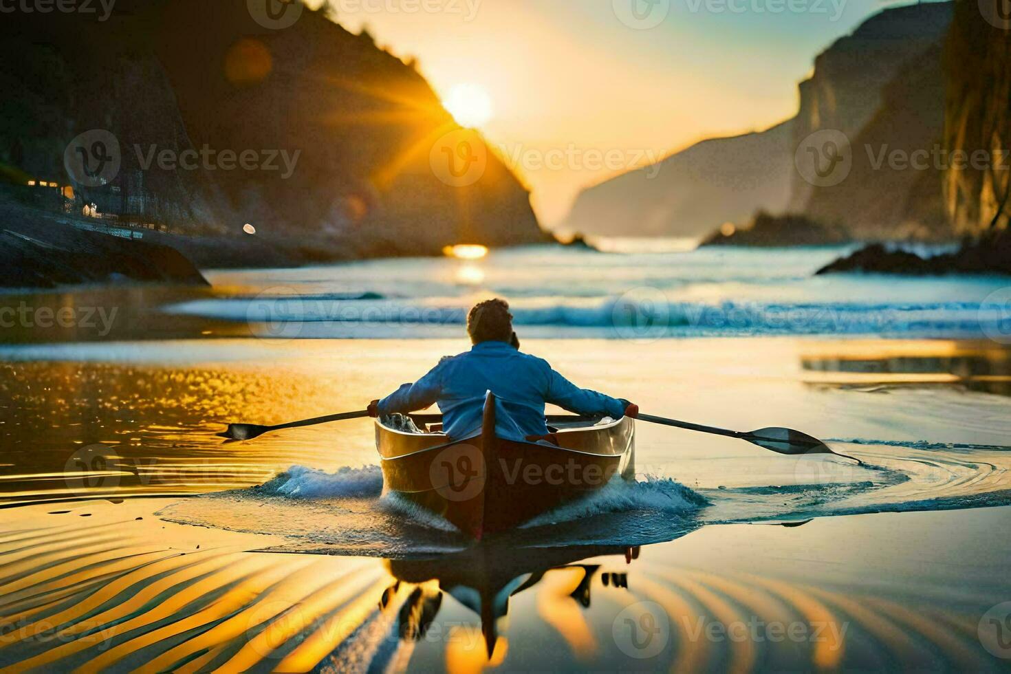 man in a canoe paddling through the water at sunset. AI-Generated photo