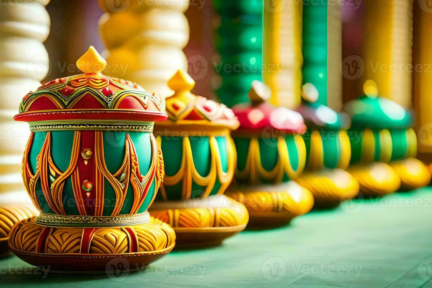 colorful lamps in a row on a table. AI-Generated photo