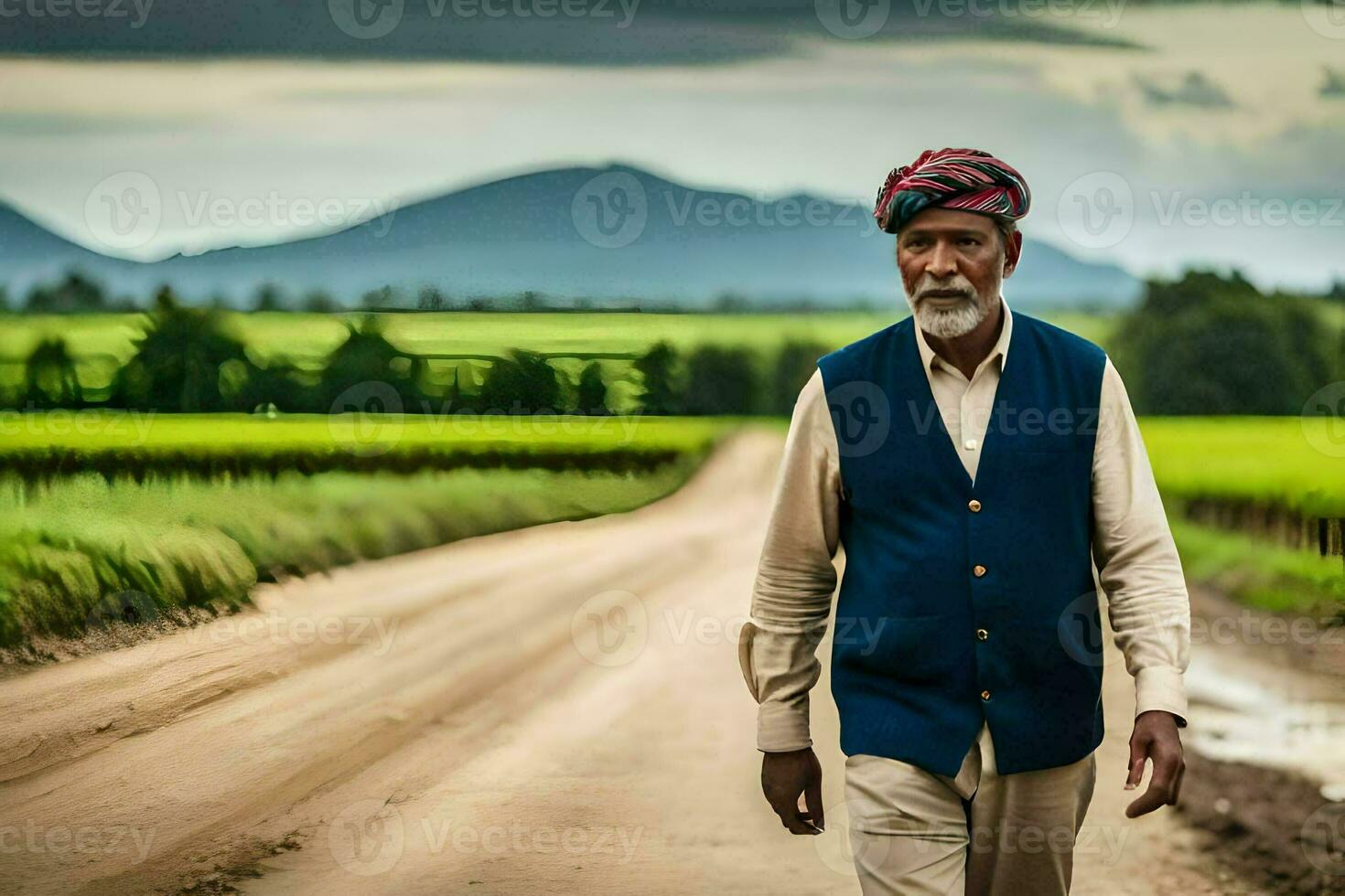an elderly man walking down a dirt road. AI-Generated photo