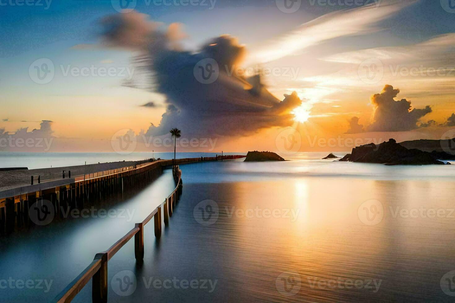 a pier with a long exposure of the sun setting over the ocean. AI-Generated photo