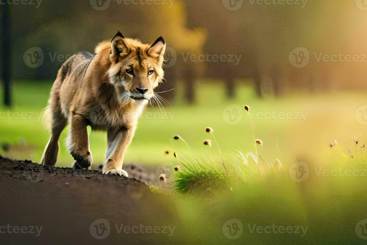 a lion walking on a path in the grass. AI-Generated photo