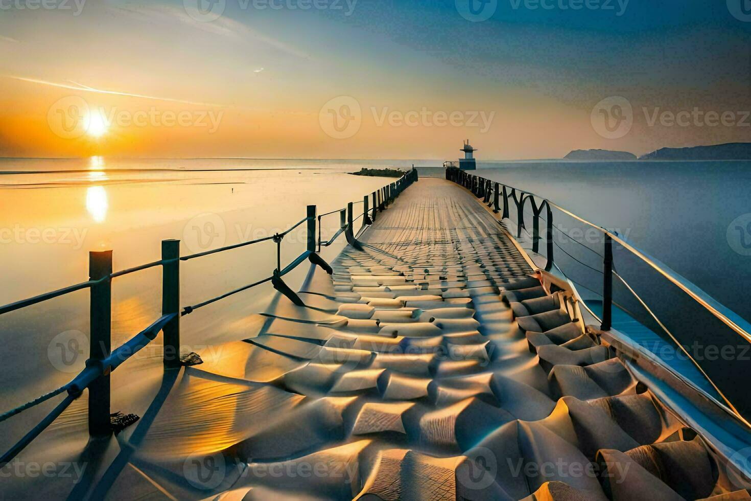 a pier with sand dunes and the sun setting. AI-Generated photo