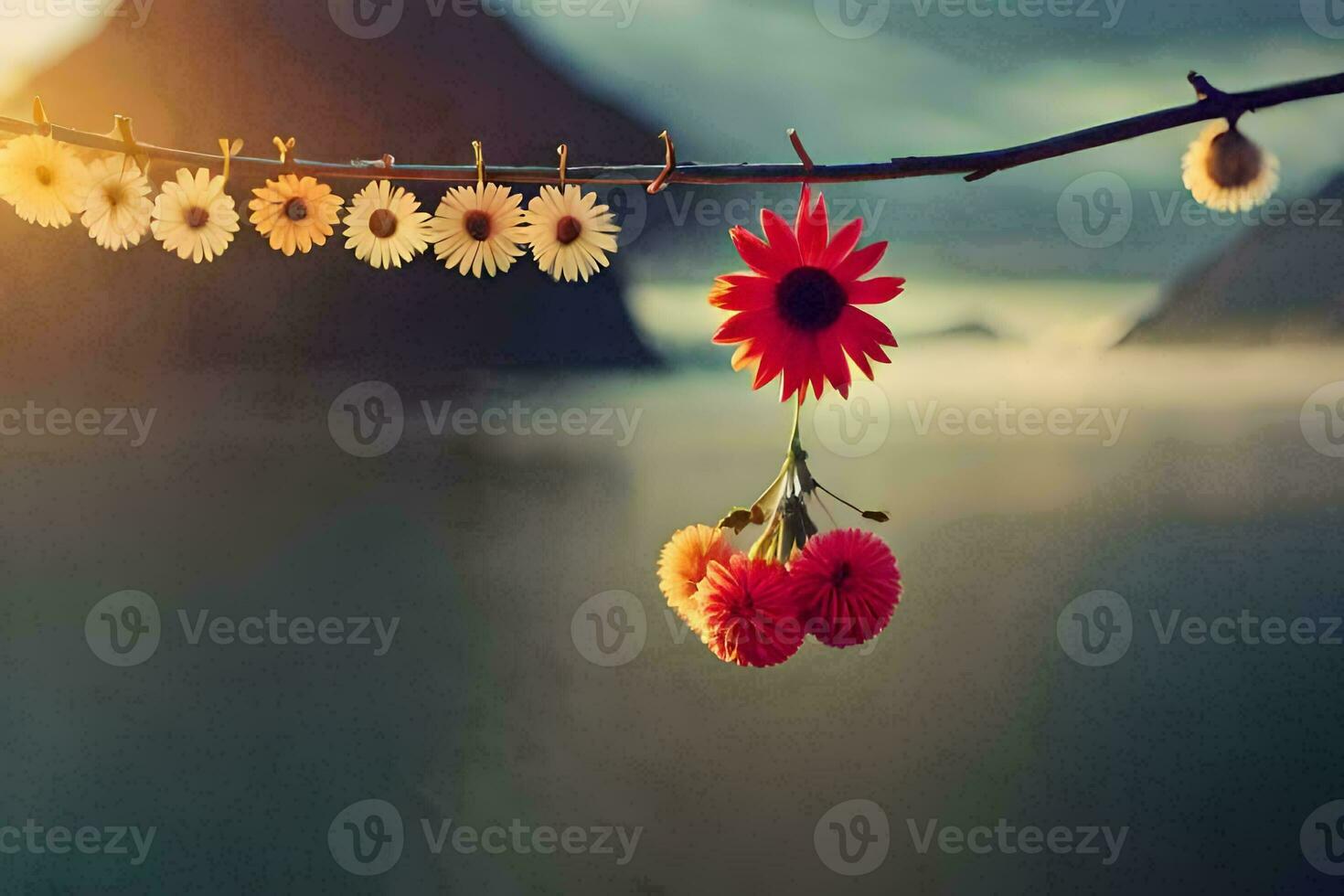 photo wallpaper, the sky, the sun, the flowers, the water, the mountains, the. AI-Generated