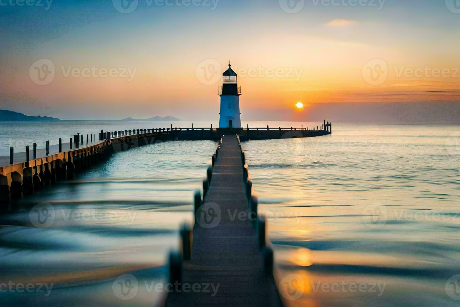 a lighthouse stands on a pier at sunset. AI-Generated photo