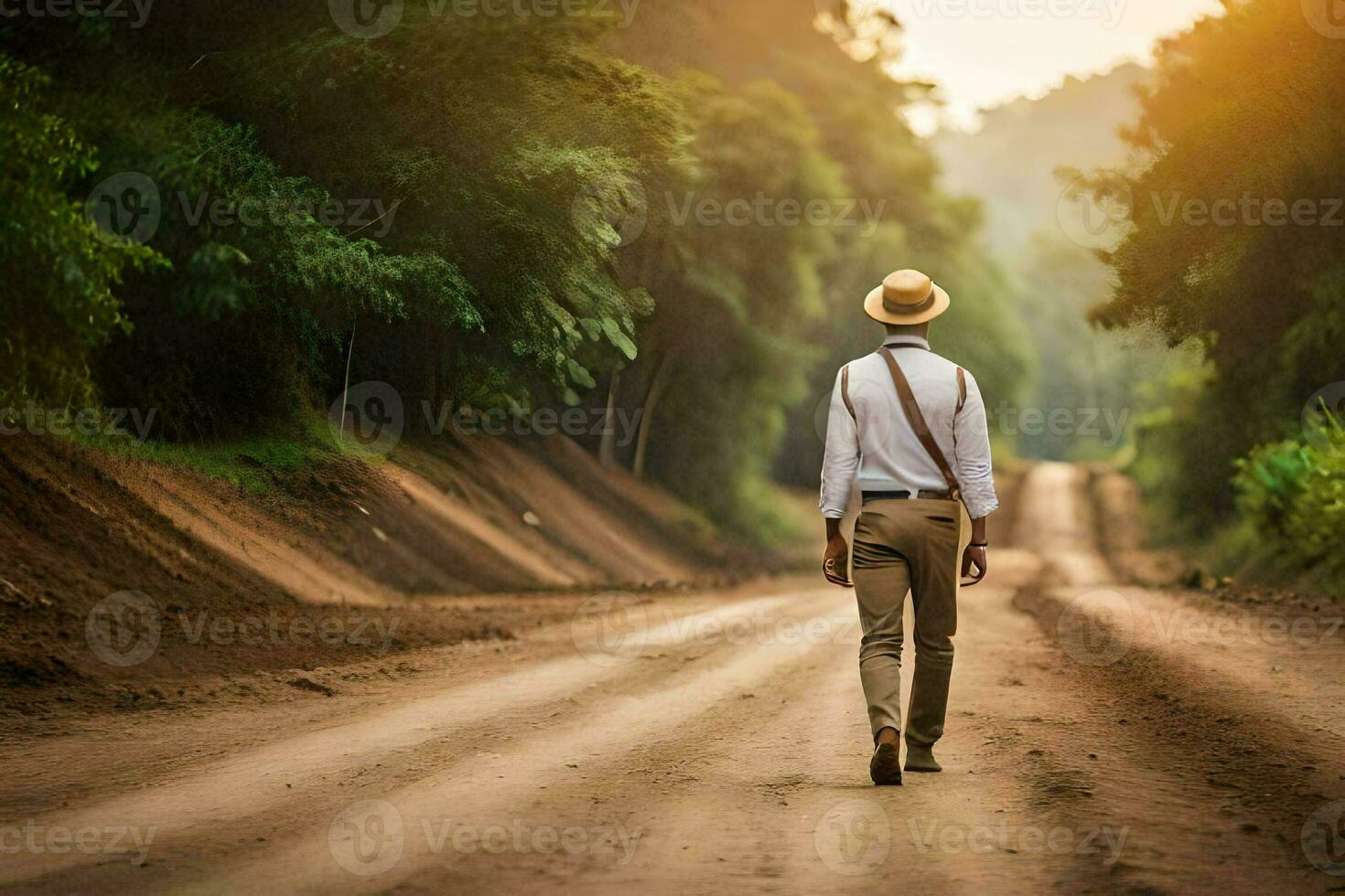 a man in a hat and white shirt walking down a dirt road. AI-Generated photo