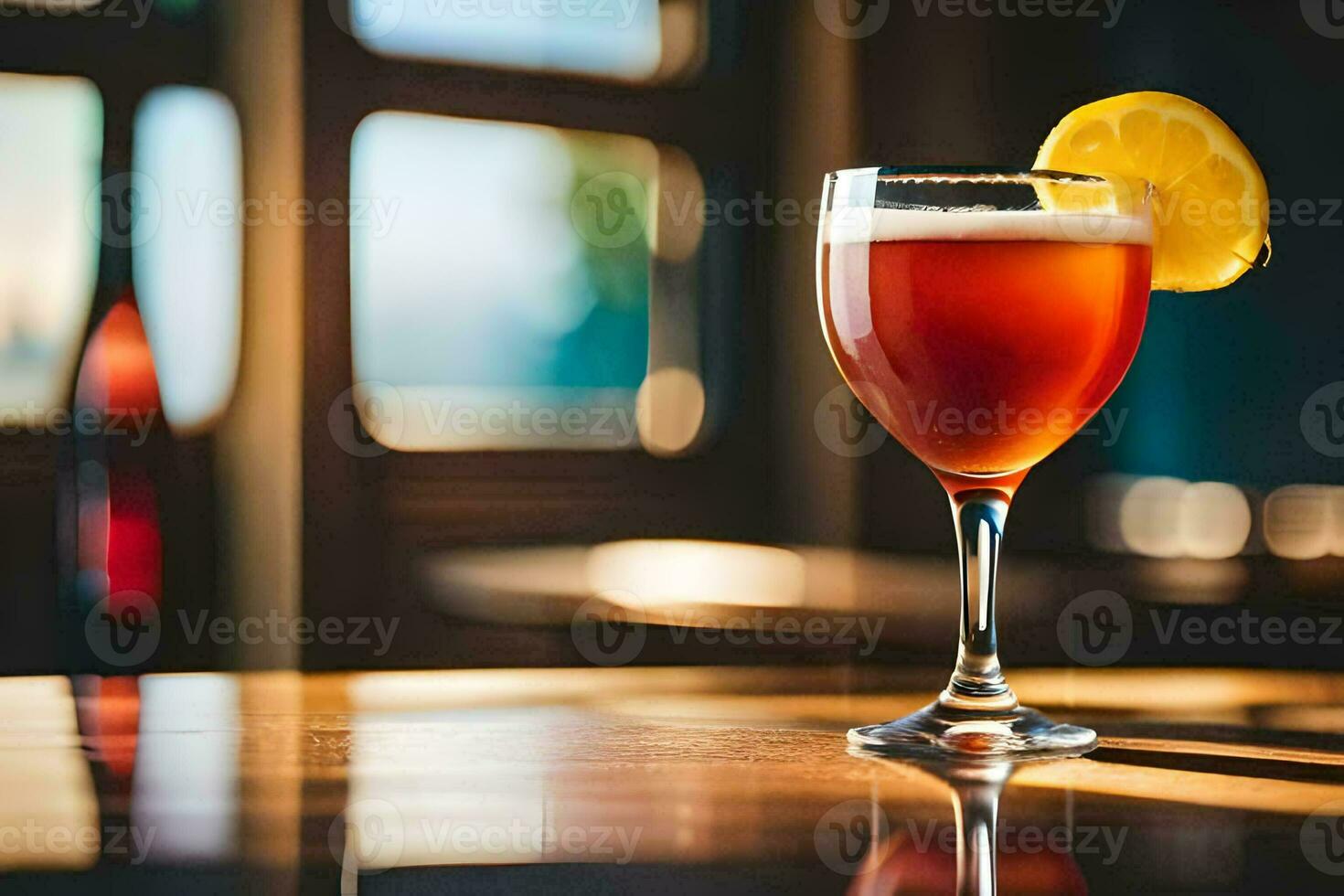a glass of red wine sitting on a table. AI-Generated photo