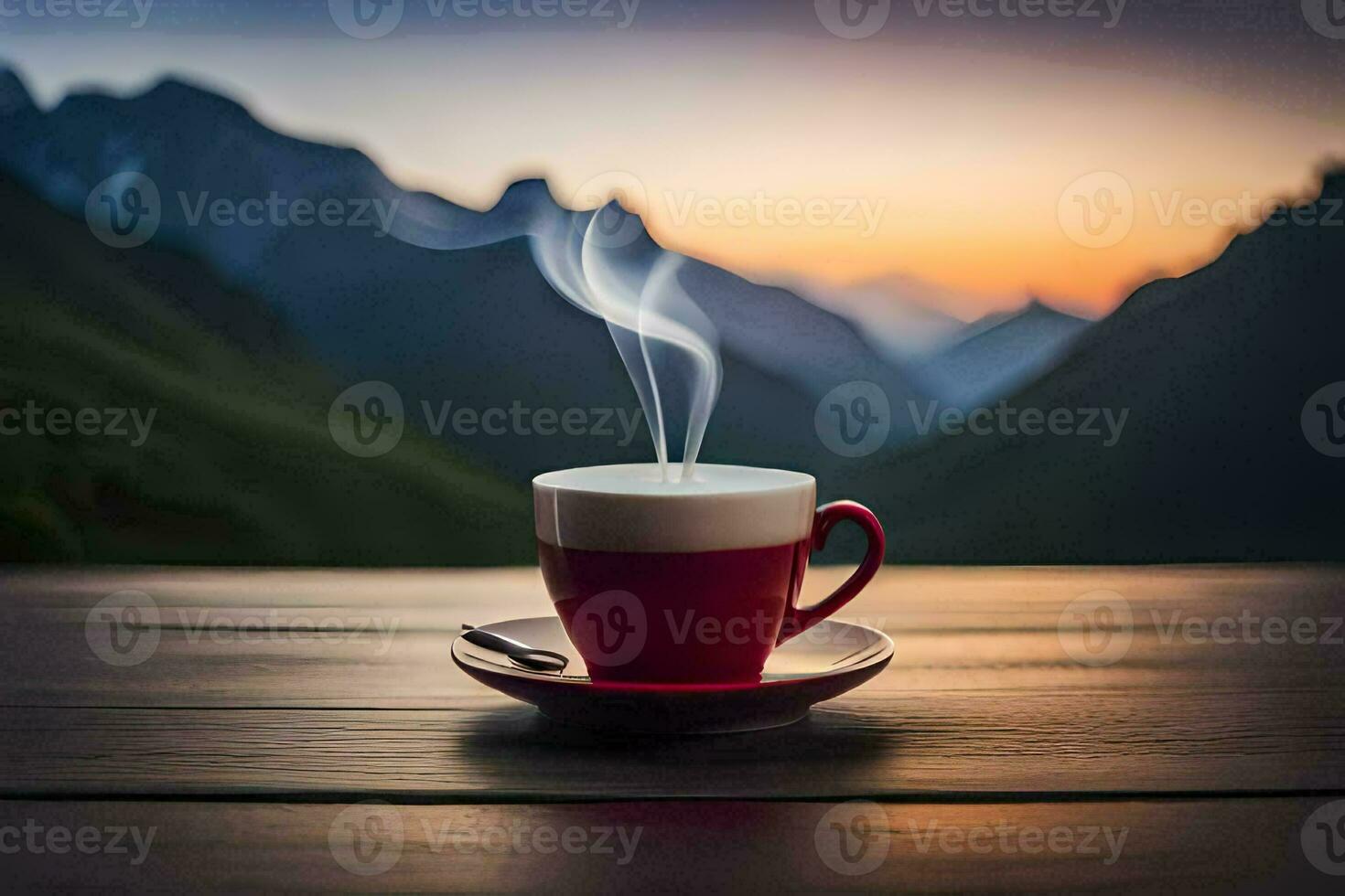 coffee cup, the sky, mountains, sunrise, sunrise, the mountains, the sunrise,. AI-Generated photo