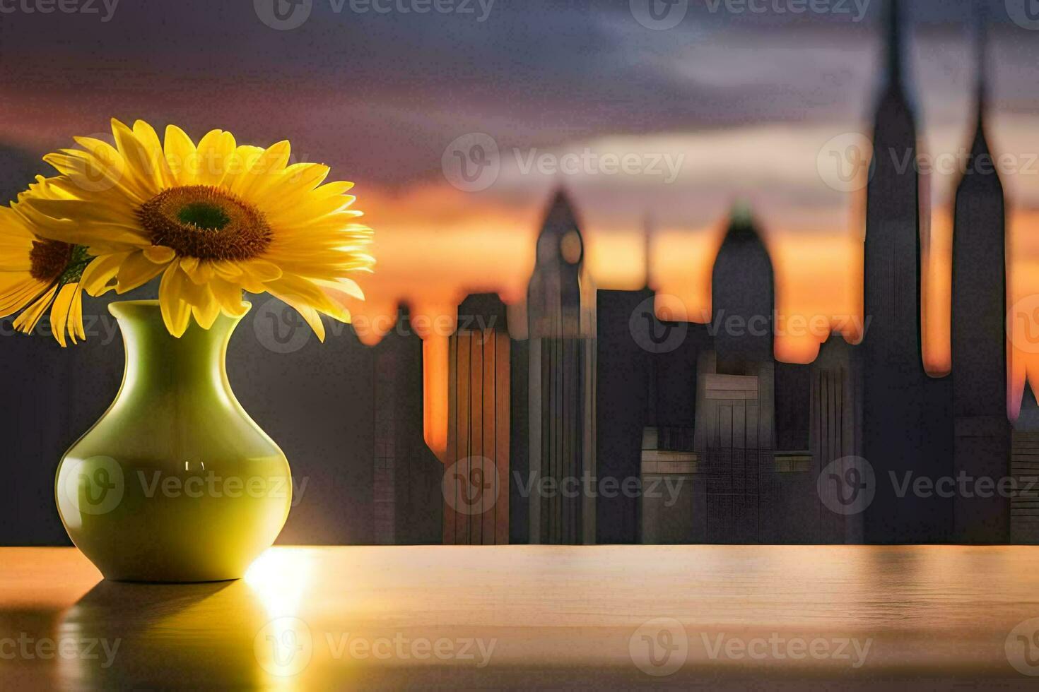 sunflowers in a vase with city skyline in the background. AI-Generated photo