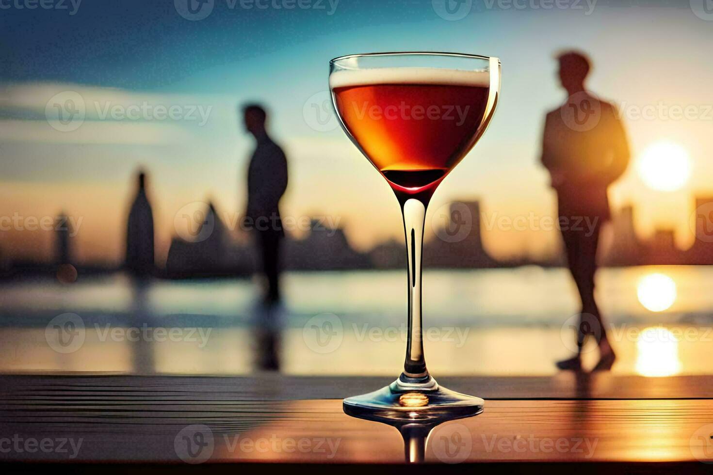 a glass of wine on a table with people in the background. AI-Generated photo