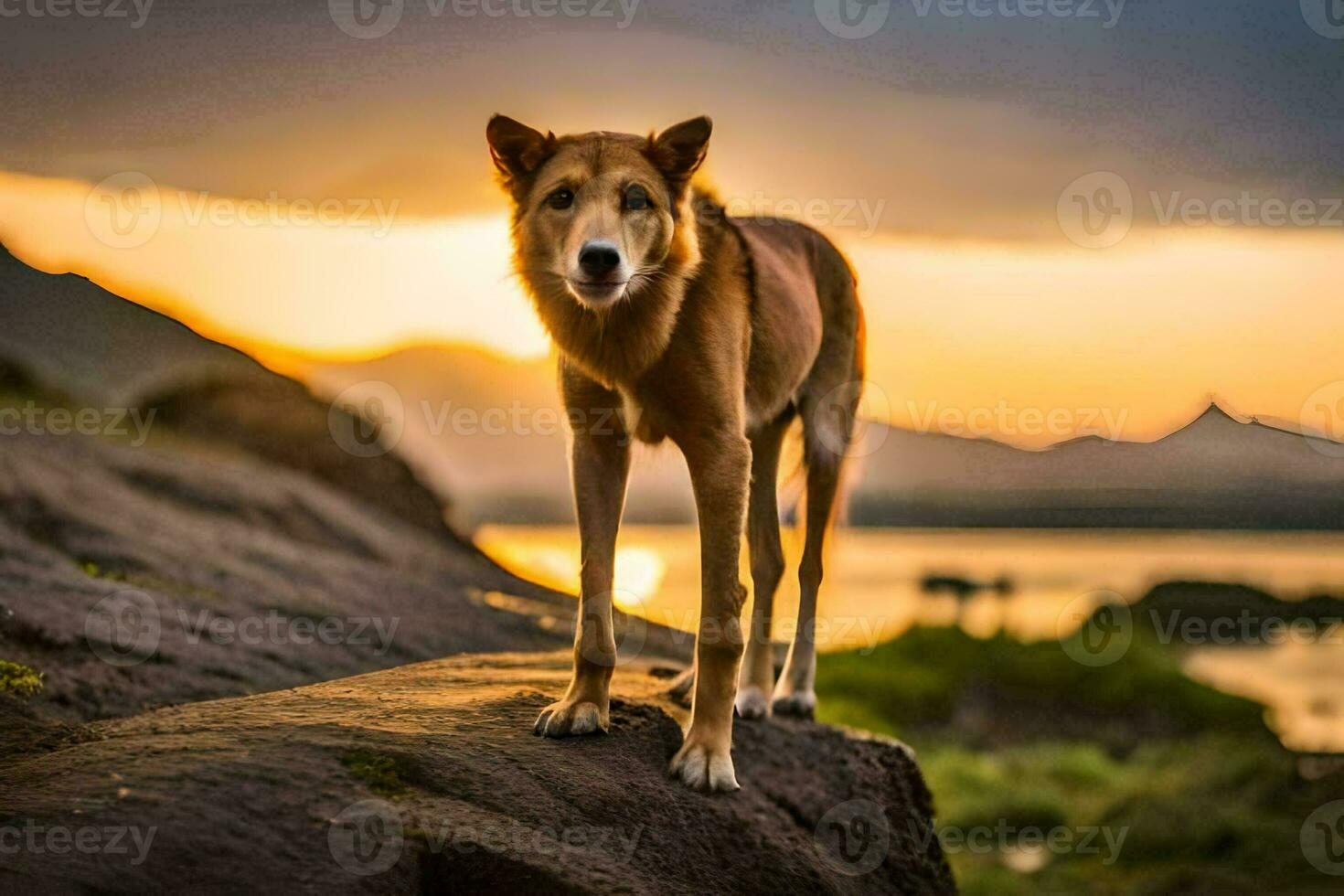 a dog standing on a rock at sunset. AI-Generated photo