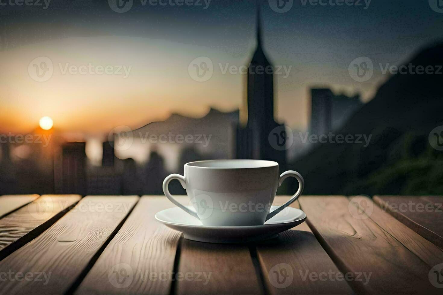 coffee cup on the table with city in the background. AI-Generated photo