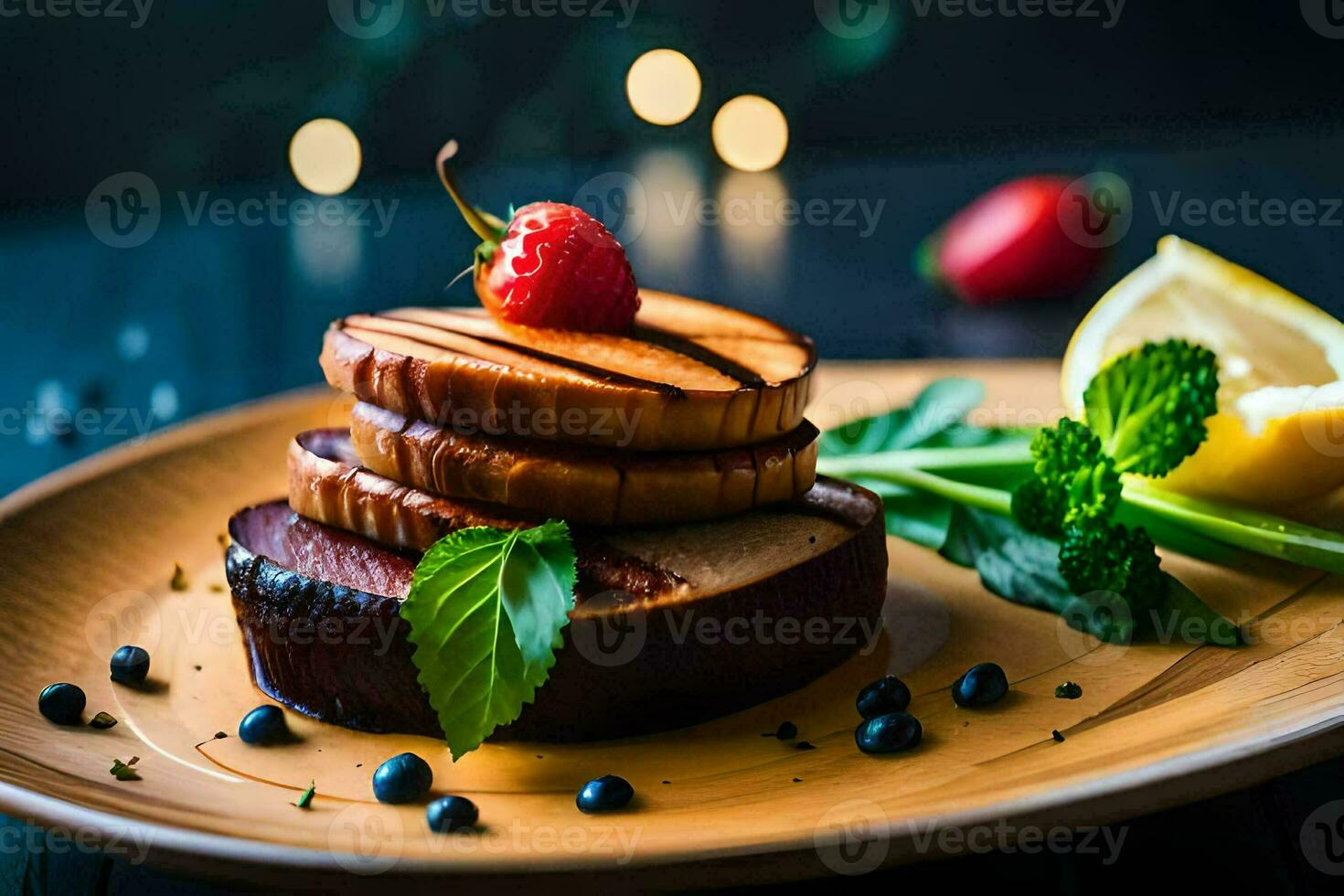 a plate with a steak, strawberries and a lemon. AI-Generated photo