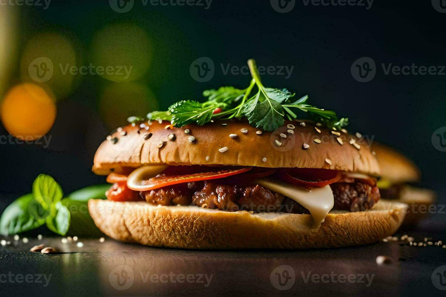a hamburger with cheese and meat on a dark background. AI-Generated photo